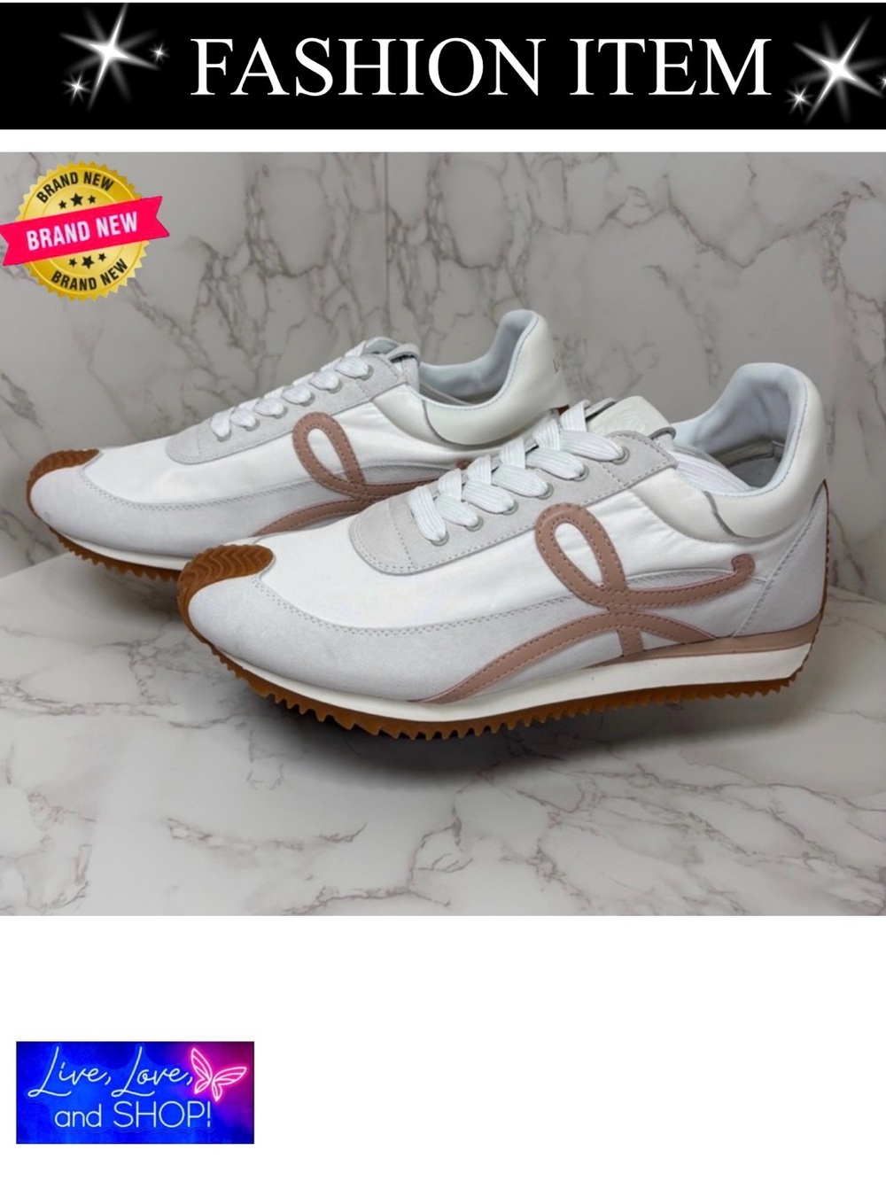 A-1CS-5: GYM SHOES: White and Brown Sneakers w/Pink Ribbon Accent, Unisex, NWOT